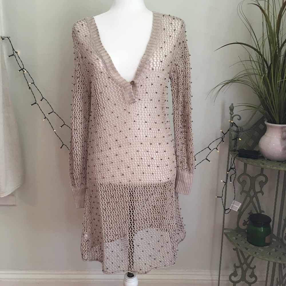 Tommy Bahama Tan Beaded Linen Swimsuit Coverup